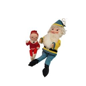 Vintage Elf Christmas Tree Hanging Sitting Ornaments Set of 2 Show signs of age